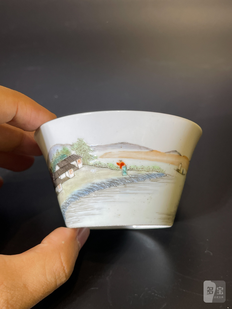 民国 粉彩山水纹马蹄杯 - 图5
